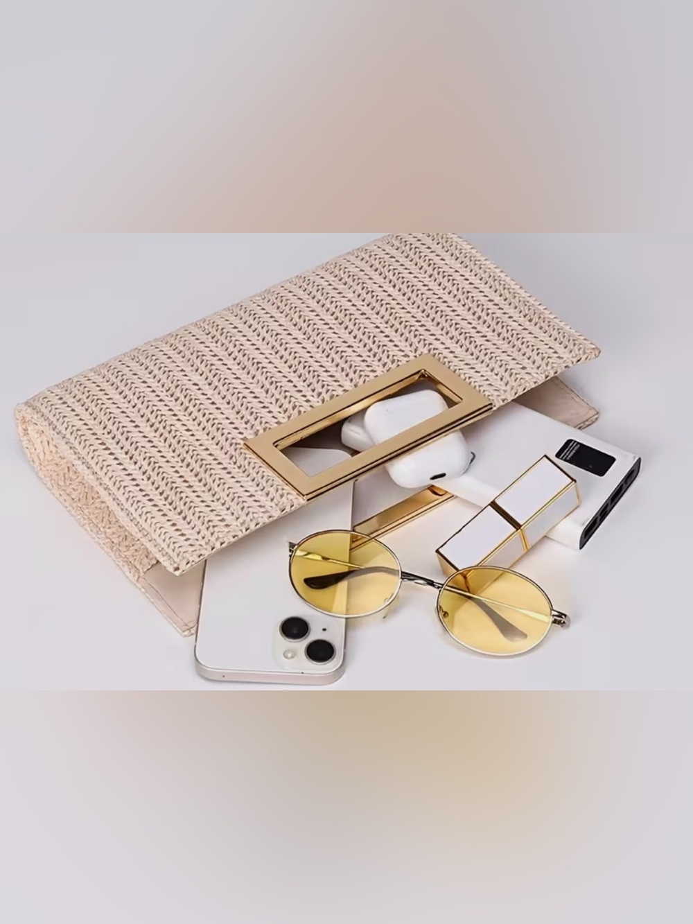 Woven Beige Knit Clutch with Gold Accent - Picture 5 of 7
